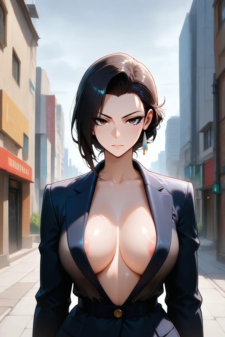 Anime AI companion in a dark city outfit